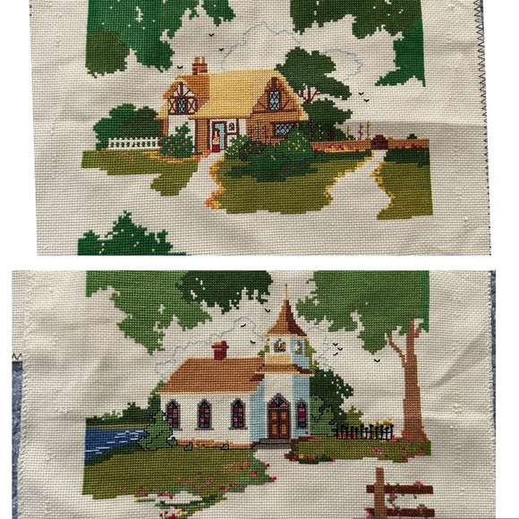 Cross Stitch Charming Cottage Country Church Cottagecore Gift Handmade 8 x 10 - Picture 1 of 12